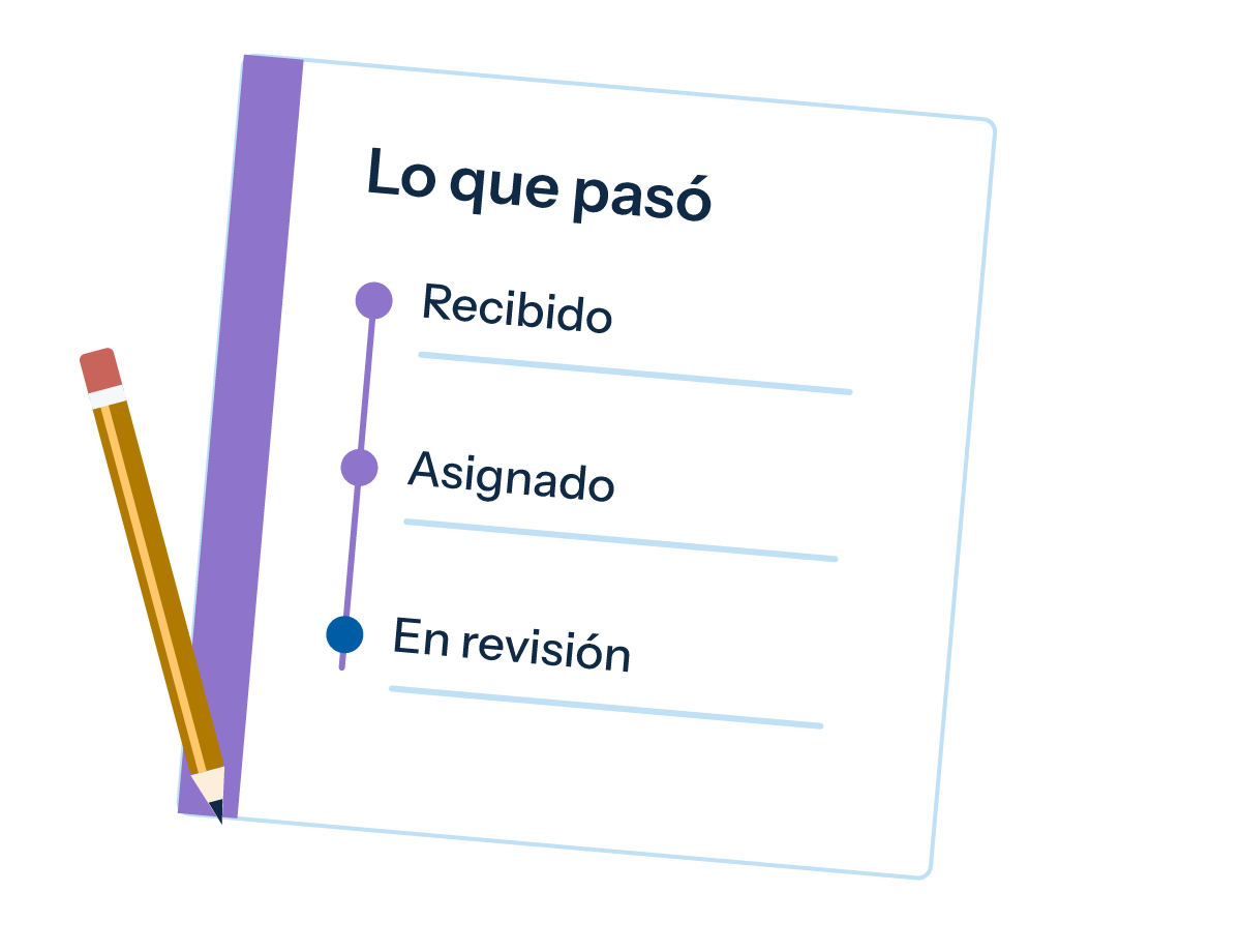 Una secuencia de notas representa el historial de gestiones del caso.