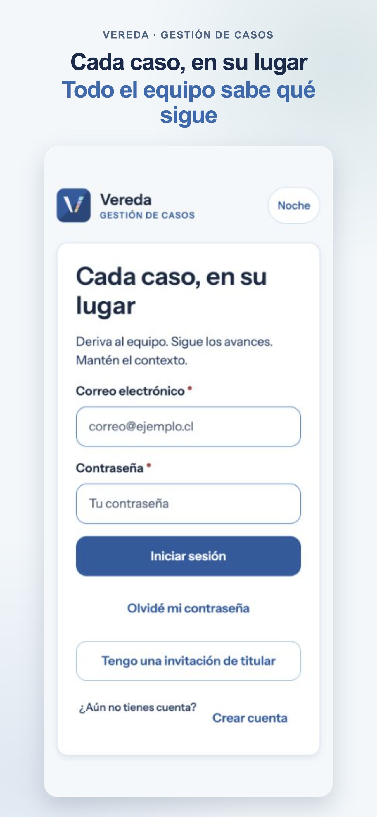 Composición ilustrativa de la pantalla de ingreso de Vereda, con campos de correo y contraseña.
