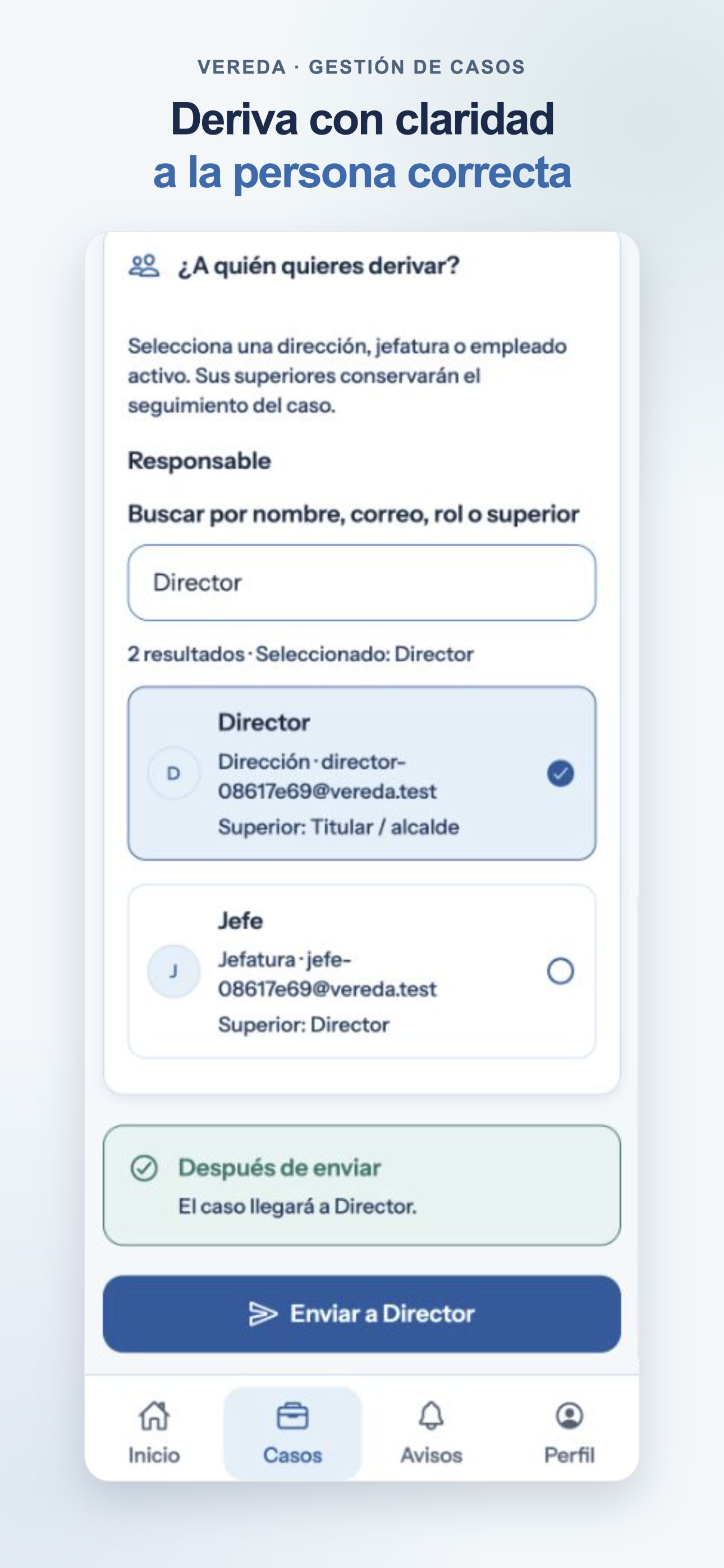 Composición ilustrativa de la selección de una persona responsable para derivar un caso.